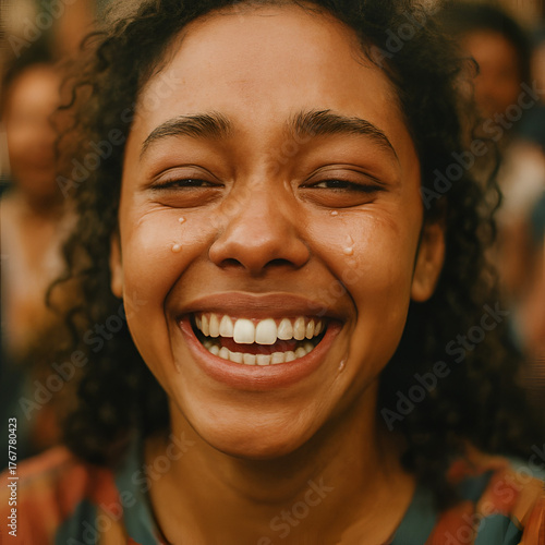 Random photo effect of a young woman from a multicultural community, her eyes filled with tears of joy, overflowing with strong positive emotions and a sense of happiness. 