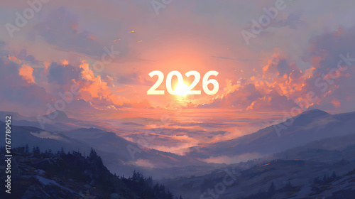 2D illustration of sunrise over mountains with large glowing 