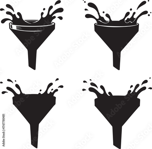 Four funnel silhouettes with water splashes silhouette