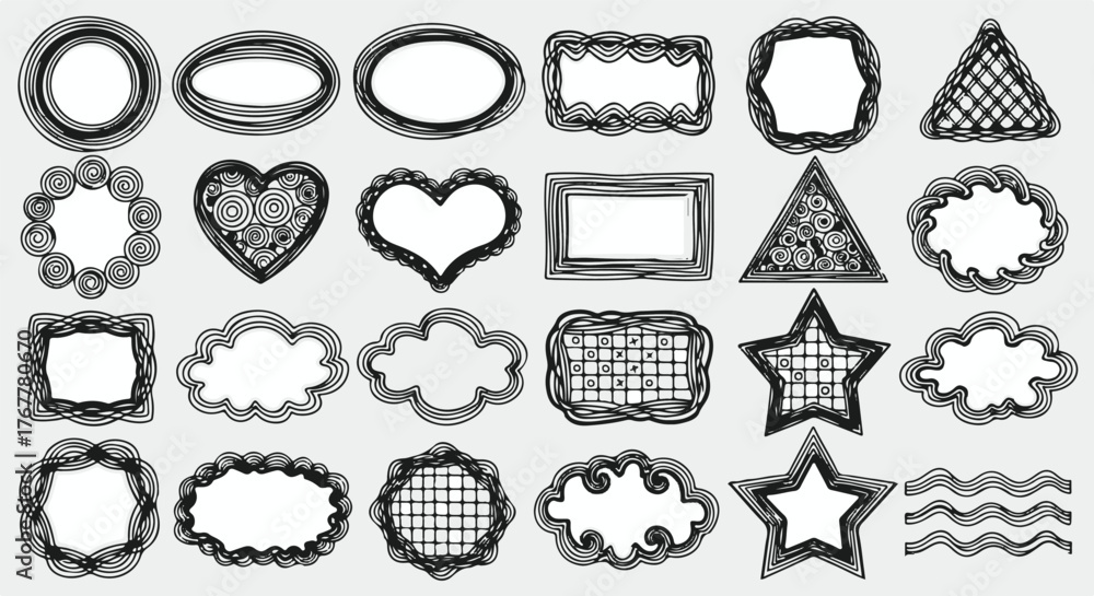 Fototapeta premium Collection of hand drawn doodle frames and borders in various shapes like circles ovals rectangles hearts stars clouds and more on a white background