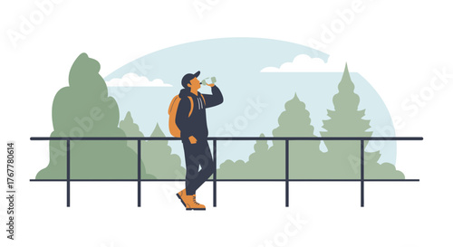 Hiker Refreshing with a Bottle of Water During a Nature Trail Expedition