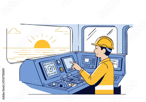 A train operator monitors controls at dawn, checking systems. Modern, clean design with a bright sunrise backdrop. Professional, focused, and ready for the day.