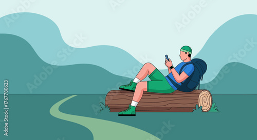 Hiker Relaxes On log Using Smartphone in Nature with Green Mountainous Scenery