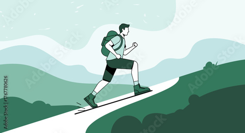 Hiking Man Climbing Uphill, Reaching Peak, Achieving Goals, Vector Illustration, Artwork