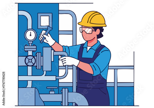A worker adjusts methanol levels on industrial equipment, wearing protective gear. Clear, modern illustration with a blue and grey color palette. Focus on safety and technical operations.