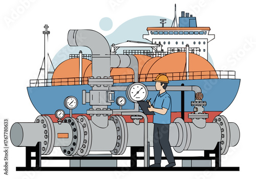 A worker inspects a large tanker's piping system. Detailed illustration showcases industrial maintenance, highlighting safety and precision. Modern, clean style.