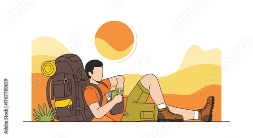 Hiker Relaxes Amidst The Sunny Landscape After Reaching His Destination, Beautiful