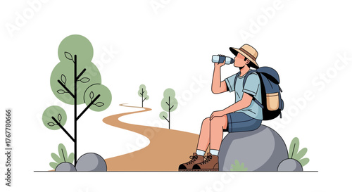 Hiker Resting Admiring Landscape While Drinking Water And Enjoying The Journey