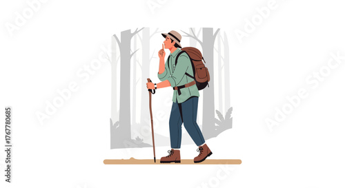 Hiker Shushing While Trekking Through A Forest, Asking For Nature's Silence