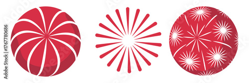 Scarlet circular fireworks trio, spiral rosette, radial sunburst, glittering star petals, patriotic palette, holiday celebration graphics, vector