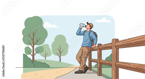 Hiker Takes A Refreshing Drink Of Water On A Scenic Hiking Trail Rest Break