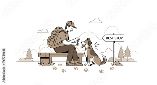 Hiker Resting On Bench With Friendly Dog Alongside In A Scenic Wilderness Setting