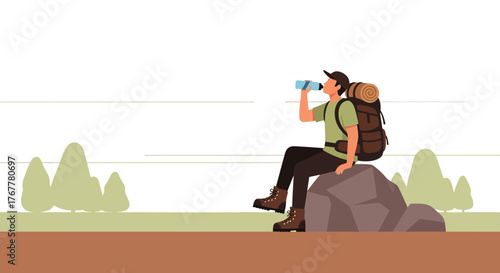 Hiker Takes A Break on Rock to Drink Water In Adventure Illustration