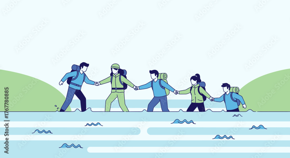 Fototapeta premium Hikers Crossing The Rapids, Supporting and Helping Each Other, Holding Hands, Teamwork