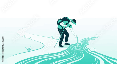 Illustration Of A Hiker Collecting Water From a Serene River in Nature