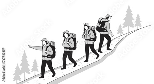 Hikers Ascending Path Toward Majestic Fir Trees Silhouette Adventure Together