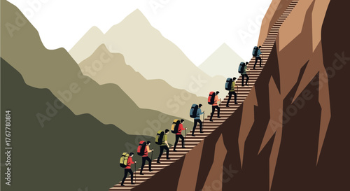 Hikers Ascending Stone Stairs on Mountain: Embarking on Adventurous Climb to Summit