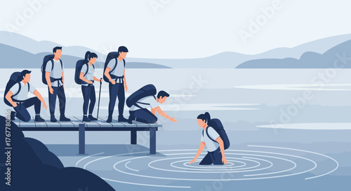 Hikers Assist a Companion As They Navigate a Watery Passage During a Journey
