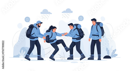 Hikers Assisting Each Other While Trekking Through Difficult Terrain Successfully