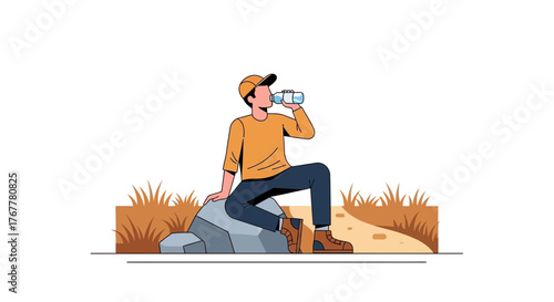 Illustration Of A Hiker Relaxing And Hydrating During A Scenic Outdoor Adventure