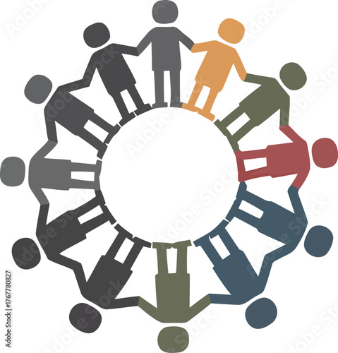 Diverse group of people holding hands in a circle around a central white space, representing unity, community, and teamwork