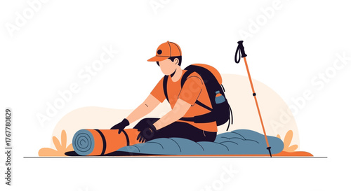 Illustration Of A Hiker Unrolling Sleeping Pad Preparing For Overnight Adventure