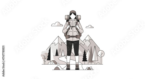 Illustration Of A Hiker Ready To Explore The Mountains With A Backpack For Adventure