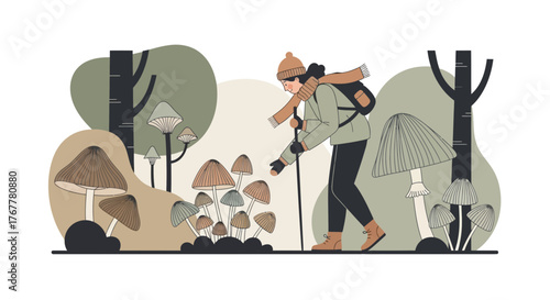 Illustration Of A Person Foraging For Mushrooms In The Forest And Exploring Nature