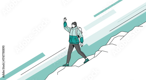 Illustration Of A Person Hiking Up A Mountain With A Backpack Waving Hello