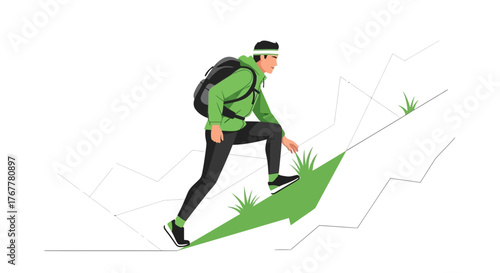 Illustration Of A Person Hiking Upward, Facing Challenges With Courage And Determination