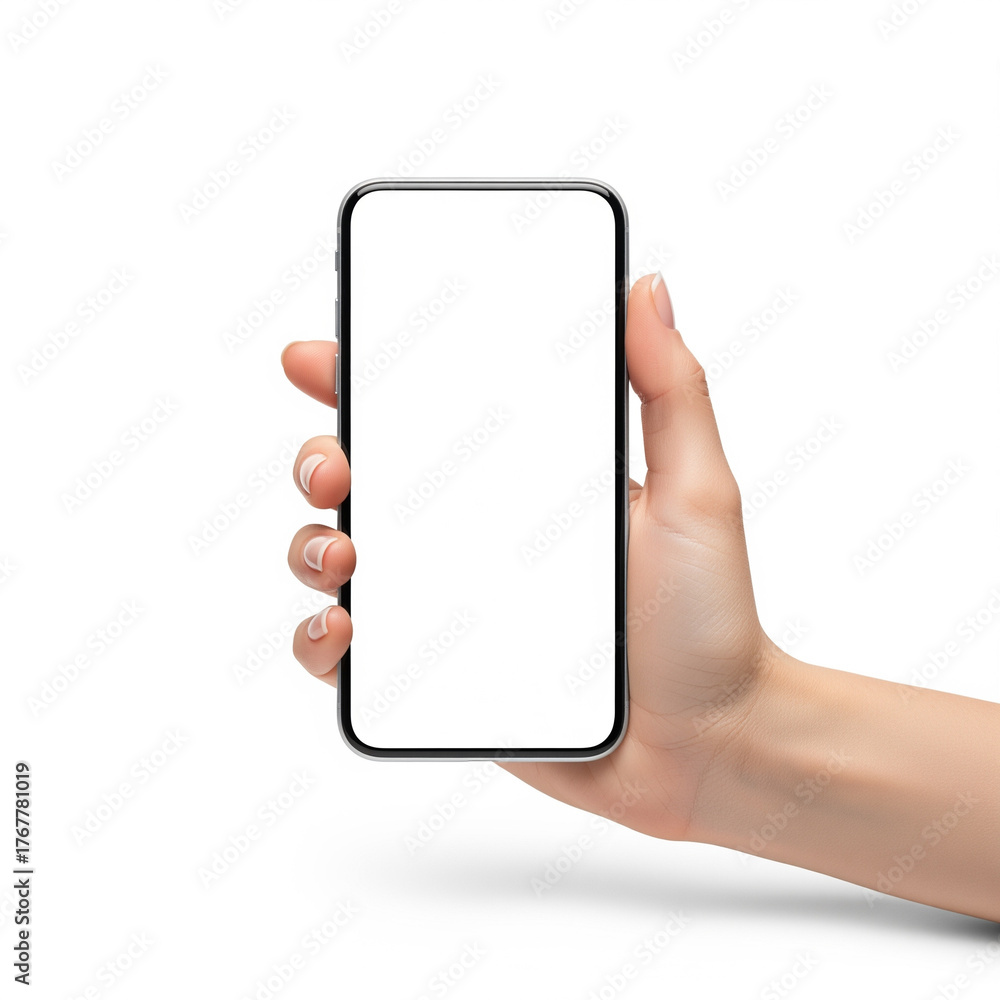 Hand Holding Smartphone with Blank Screen on White Background