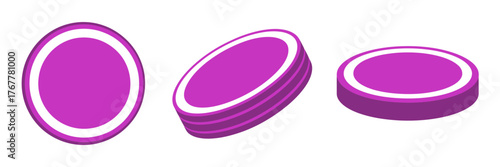 Vibrant candy disc icons, glossy purple tablets, sweet confection symbols, playful snack graphics, modern minimal vector collection