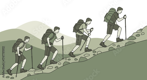 Illustration Of Hiker Trekking Uphill, Depicting Journey's Progress And Challenging Ascent