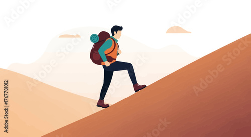 Illustration Of Person Hiking Up A Hill, Capturing Adventure And Effort, Achieving Goals