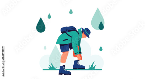 Illustration Of Person Hiking in Rain, Tying Boots for Outdoor Expedition Adventure