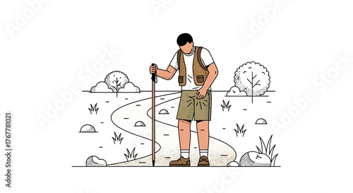 Illustration Of Person Hiking on A Trail With A Walking Stick, Nature, Outdoors