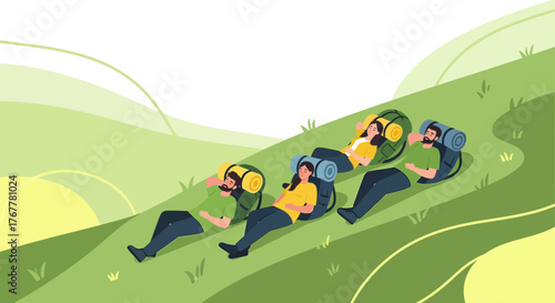 Hikers Resting After A Long Climb Up A Verdant Hillside During Their Adventure