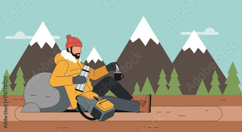 Illustration Of Person Hiking And Drinking Something In The Mountains During The Day
