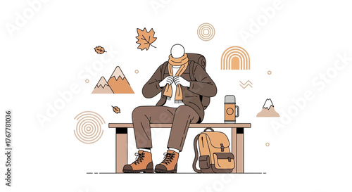 Illustration Of Person Resting Outdoors Ready For Hiking And Enjoying Nature