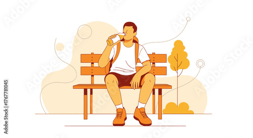 Illustration Of Person Resting, Drinking Refreshment On Park Bench During Break