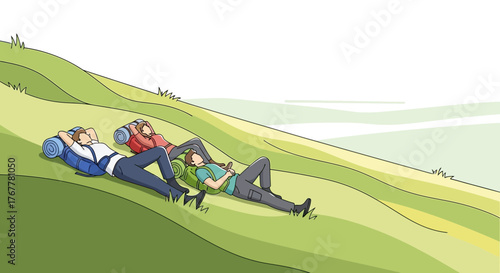 Hikers Resting on a Green Hillside After A Long Trail With Their Backpacks