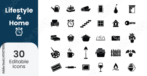 Collection of 30 editable lifestyle and home icons representing everyday objects and activities