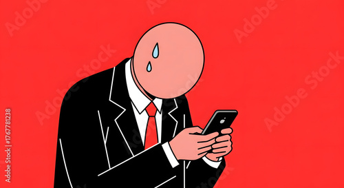 Anxious person in a suit sweating while intensely focused on a smartphone, symbolizing digital stress and addiction in a modern world