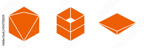 Geometric polyhedron collection, orange 3D forms, faceted solids and tiles, modern design assets, educational math graphics, vector