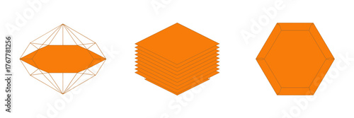 Abstract polygon icons, orange geometric shapes, wireframe diamond form, solid hexagon badge, minimal branding elements, versatile vector pack