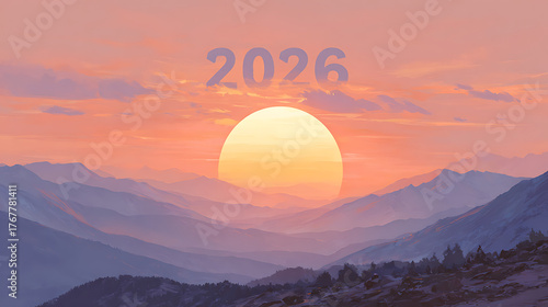 2D illustration of sunrise over mountains with large glowing 