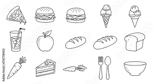 Collection of hand drawn line art icons representing various food items including pizza burgers ice cream drinks bread cake and vegetables on a white background