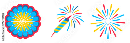 Colorful rosette with star center, firework burst, striped rocket element, festive blue yellow red palette, vector illustration