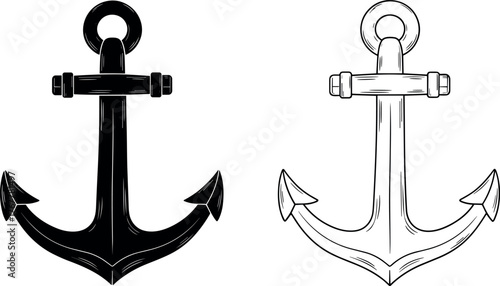 Nautical Anchor Design Black Silhouette and Outline Vector Illustration