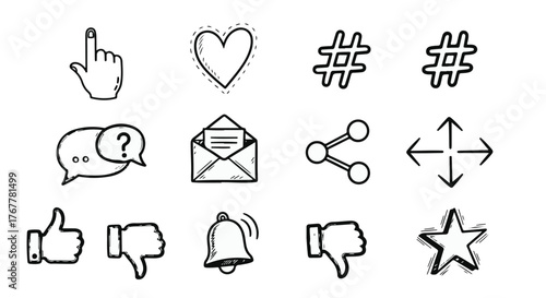 Collection of hand drawn social media icons including like thumbs up down heart share mail hashtag bell star cursor and speech bubbles